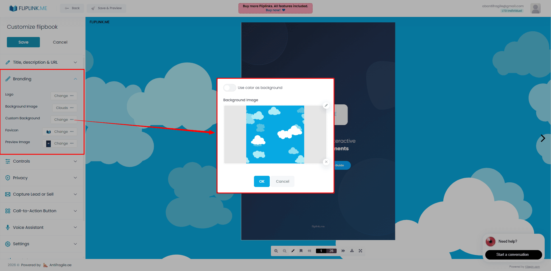 FlipLink editor showing the custom background image upload field for flipbook branding
