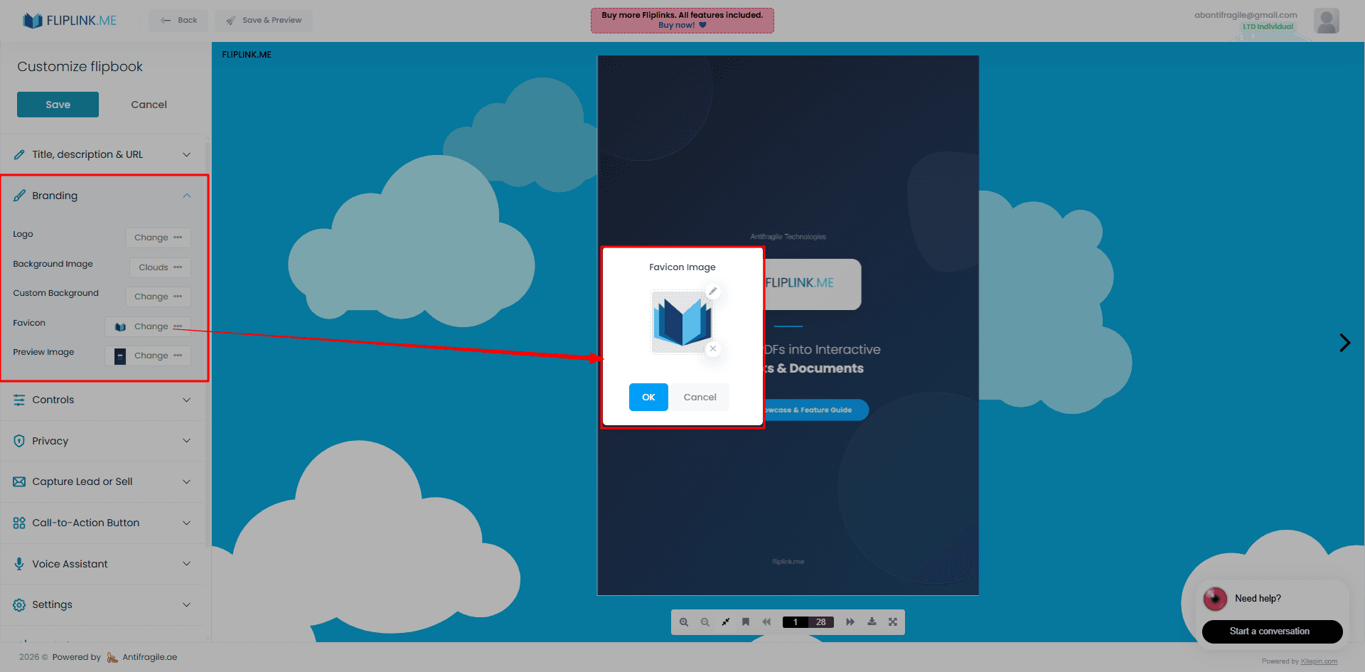 FlipLink branding settings showing the favicon upload field for white-label setup