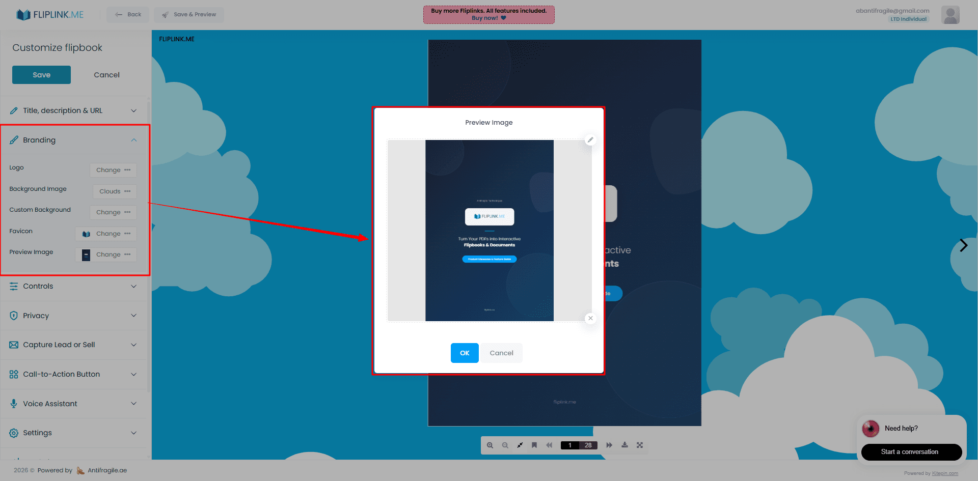 FlipLink editor showing the social preview / Open Graph image upload field