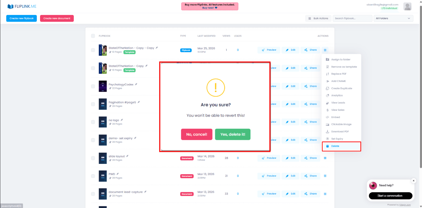 FlipLink delete-flipbook confirmation dialog before permanent removal