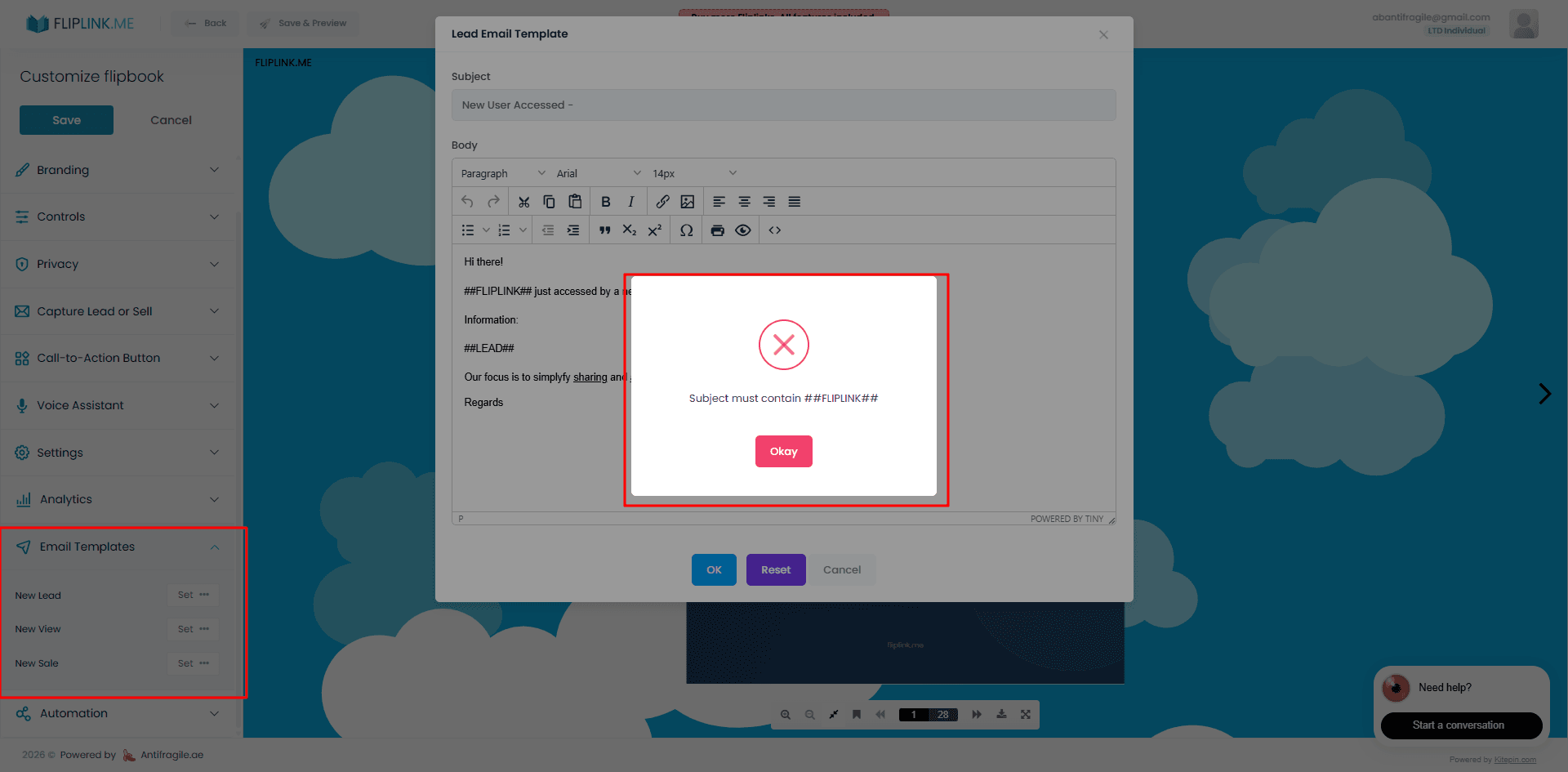 FlipLink editor showing a validation error in the email template configuration