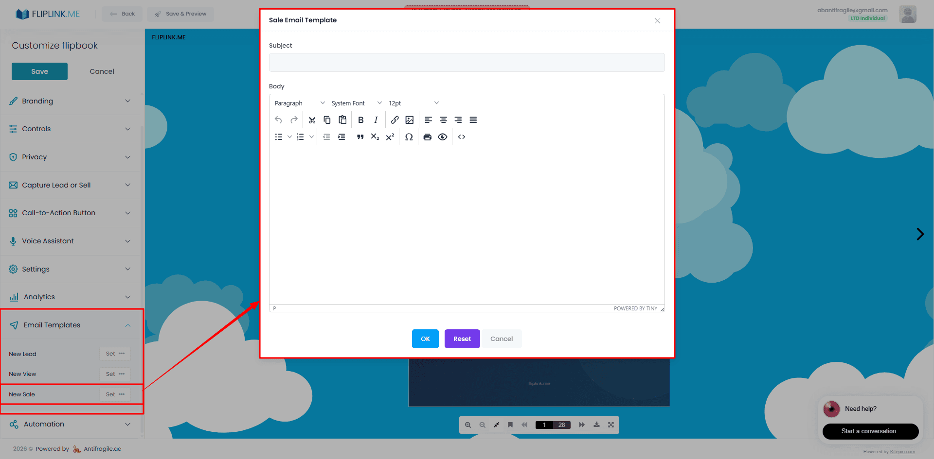 FlipLink email template for new-sale notifications sent after a Stripe purchase