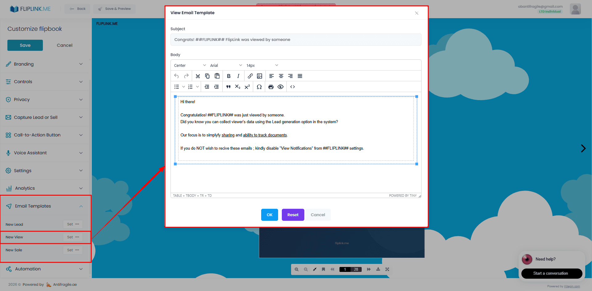 FlipLink email template for new-view notifications when someone opens your flipbook