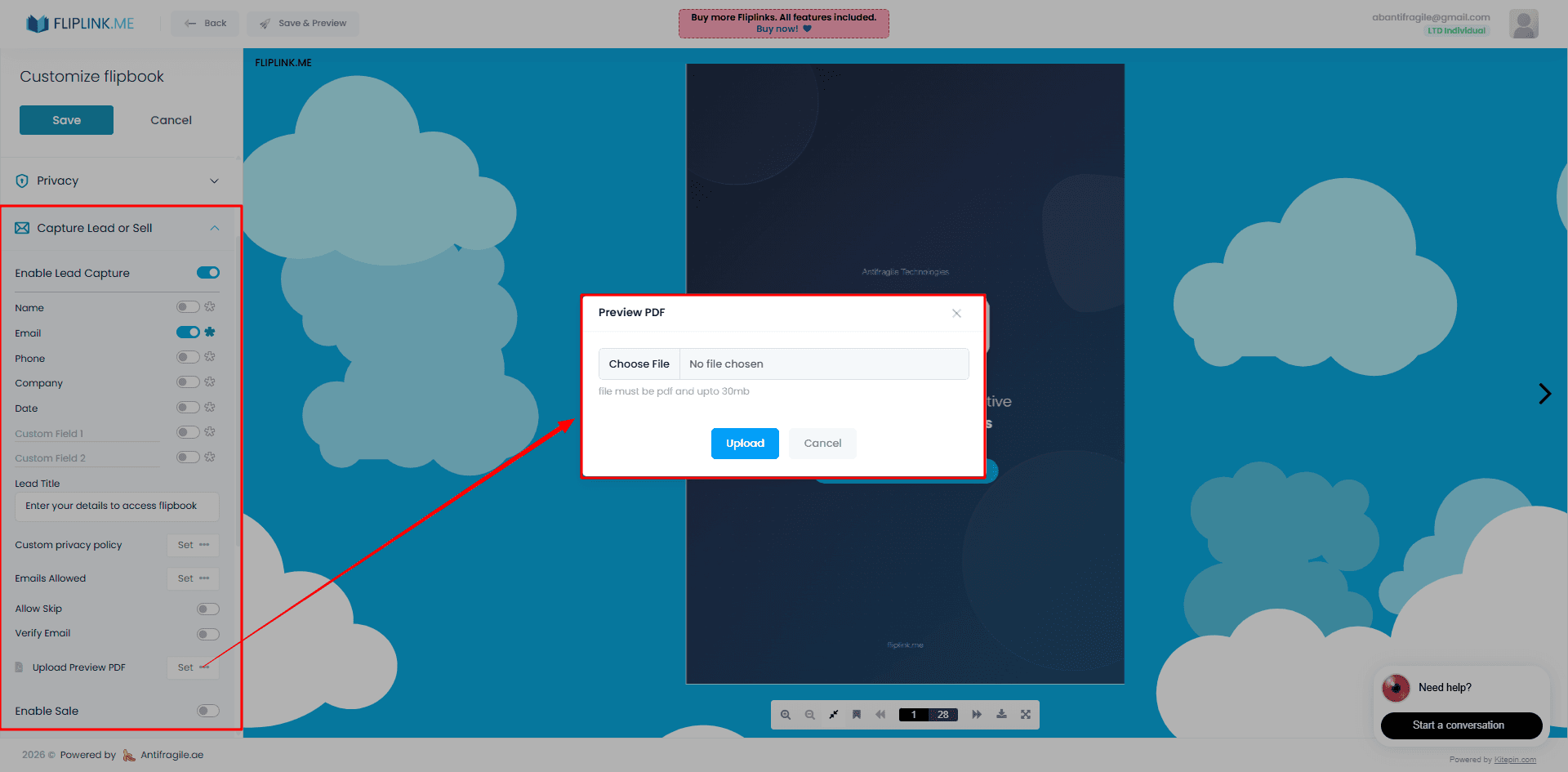 FlipLink lead-capture editor with preview PDF pages shown before the lead form gate
