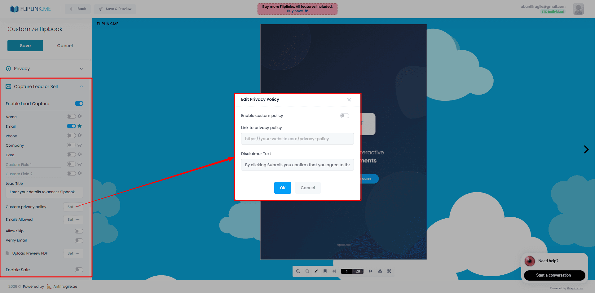 FlipLink lead-capture form with privacy policy link and consent checkbox