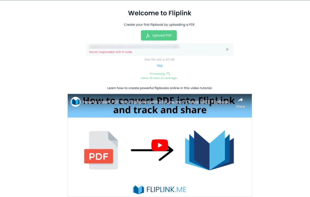FlipLink upload error — server-side failure during PDF upload