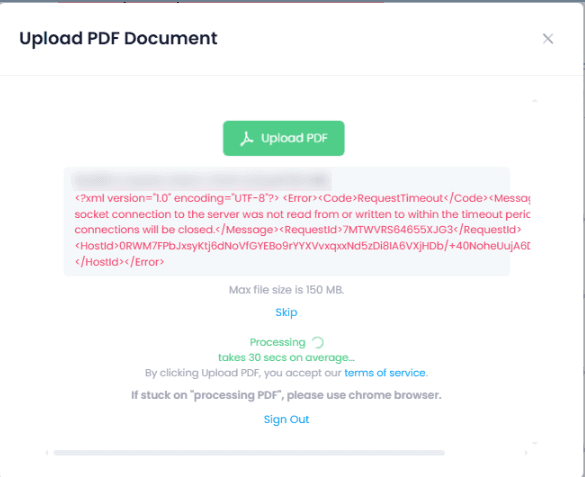FlipLink upload error — timeout uploading a large PDF file