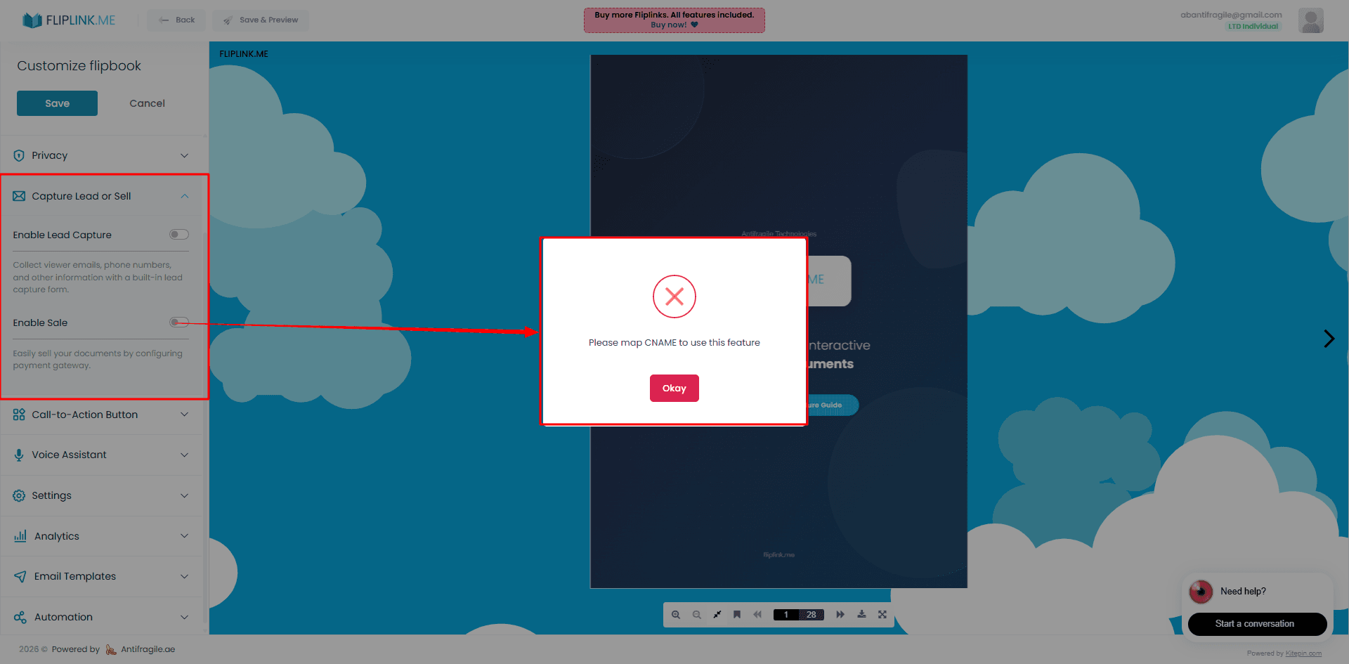 FlipLink error message: Sale mode requires a custom domain (CNAME) to be configured first