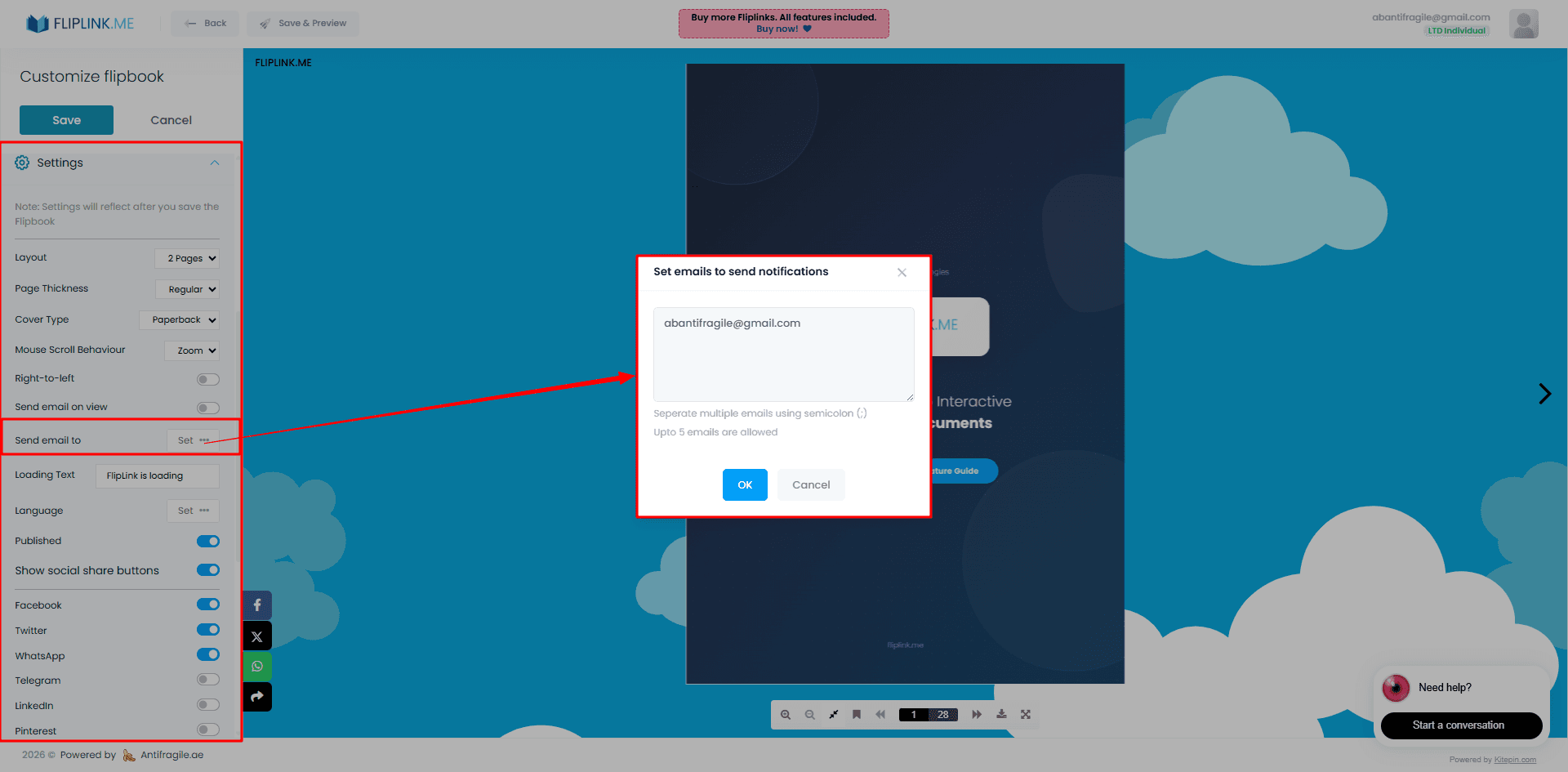 FlipLink settings panel showing notification email configuration for flipbook activity