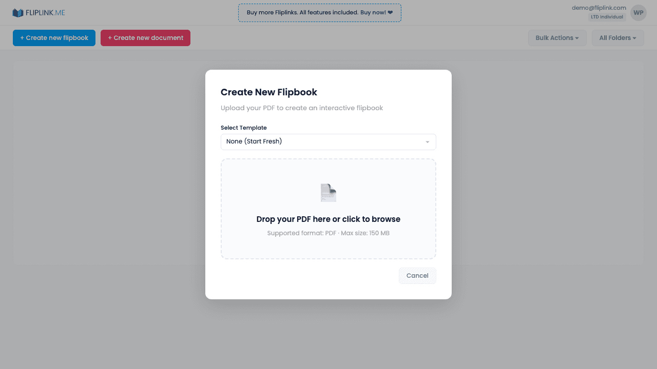 Step 2: Upload your wedding album PDF (up to 150 MB on paid plans)