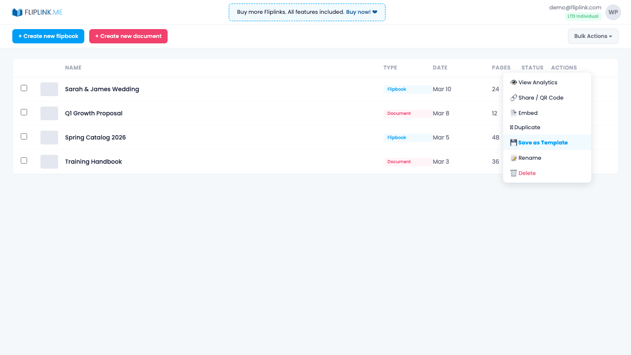 Save as Template - FlipLink feature screenshot